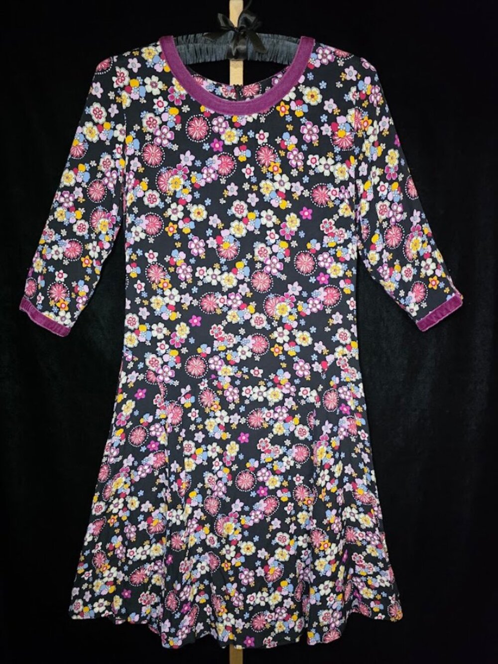 Hanna Andersson Women's Dress Rayon Velour Trimmed Black Floral S